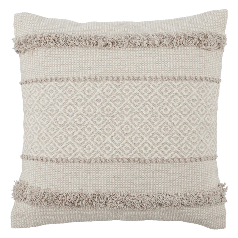 Beige and White Cotton Geometric Square Throw Pillow