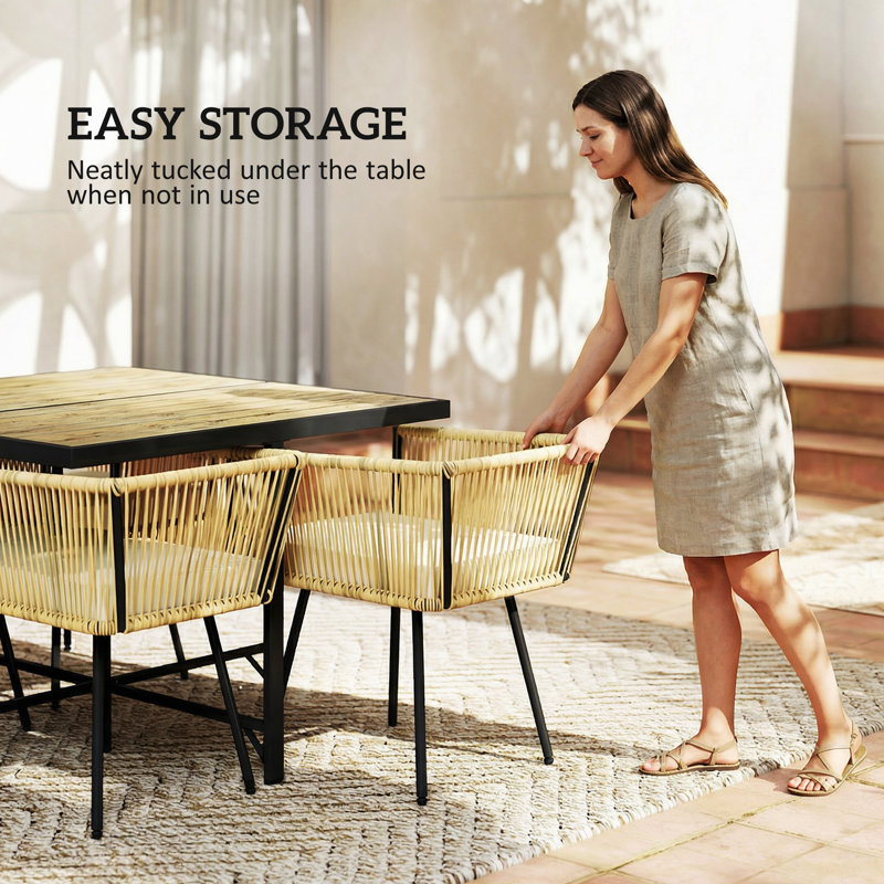 4 - Person Patio Dining Set with Square Table, Beige, Beige Cushion/Natural Frame