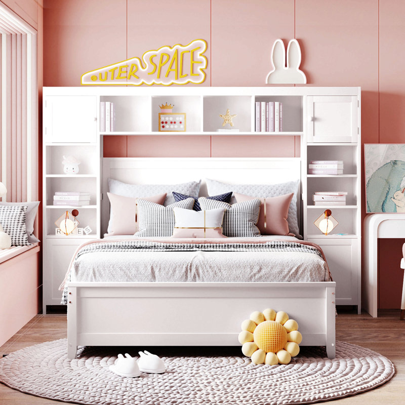Lit double en bois avec armoire et tablette tout-en-un, Blanc