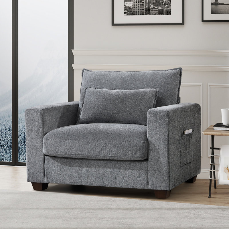 Fauteuil d'appoint moderne et demi 48 po en chenille surdimensionnée avec demi-coussin et poche latérale, Gris