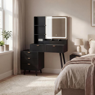 Vanity Desk with Lighted Mirror and Power Outlet, Makeup Vanity Table with 5 Drawers and Wave Panel Design, 3 Color Lighting Dressing Table with Storage Shelves for Bedroom