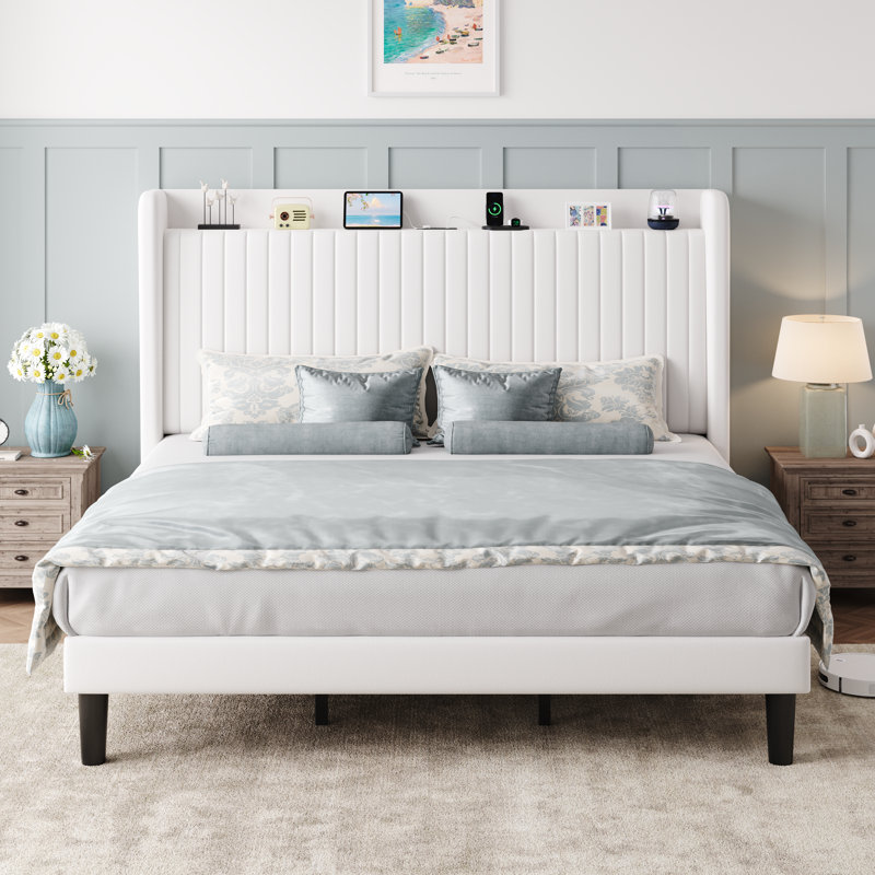 Chic Velvet Upholstered Platform Bed With Storage Shelf And Charging Station Wingback Headboard, Wooden Slats, White, King