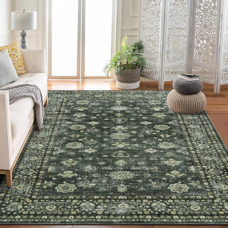 Vintage Washable Area Rug for Bedroom, Distressed Non-Slip Non-Shedding Floral Soft Throw Rugs for Living Room, Dining, Foyer 2'x6'