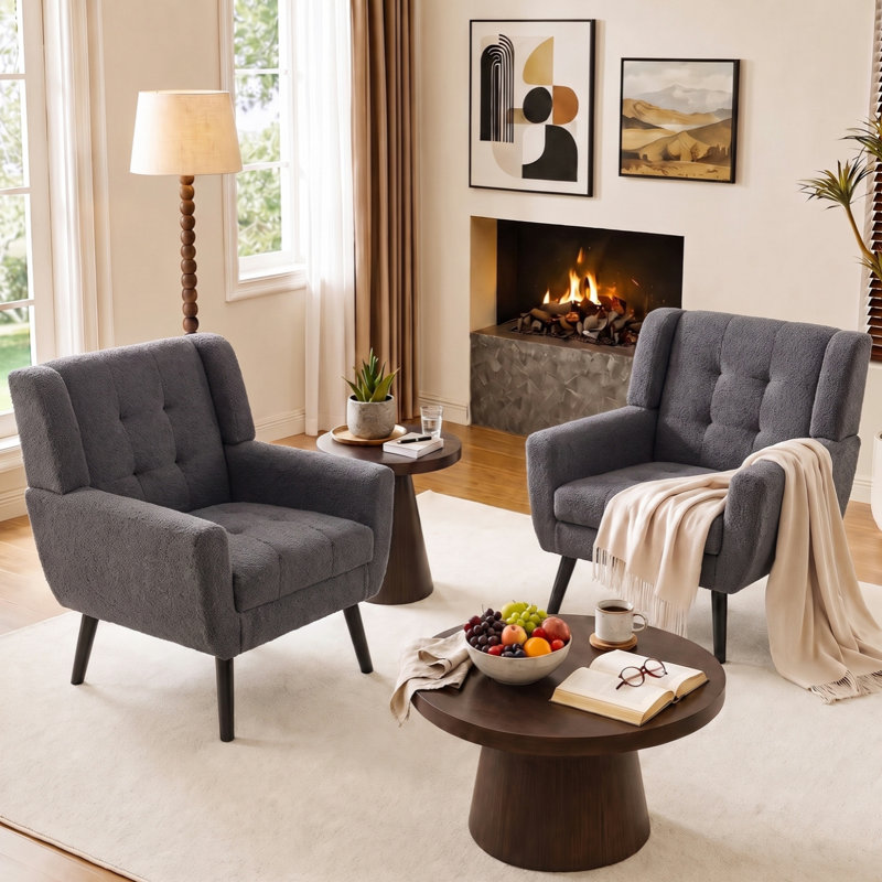 Ensemble de 2 fauteuils capitonnés rembourrés à dossier large, Bouclé gris foncé