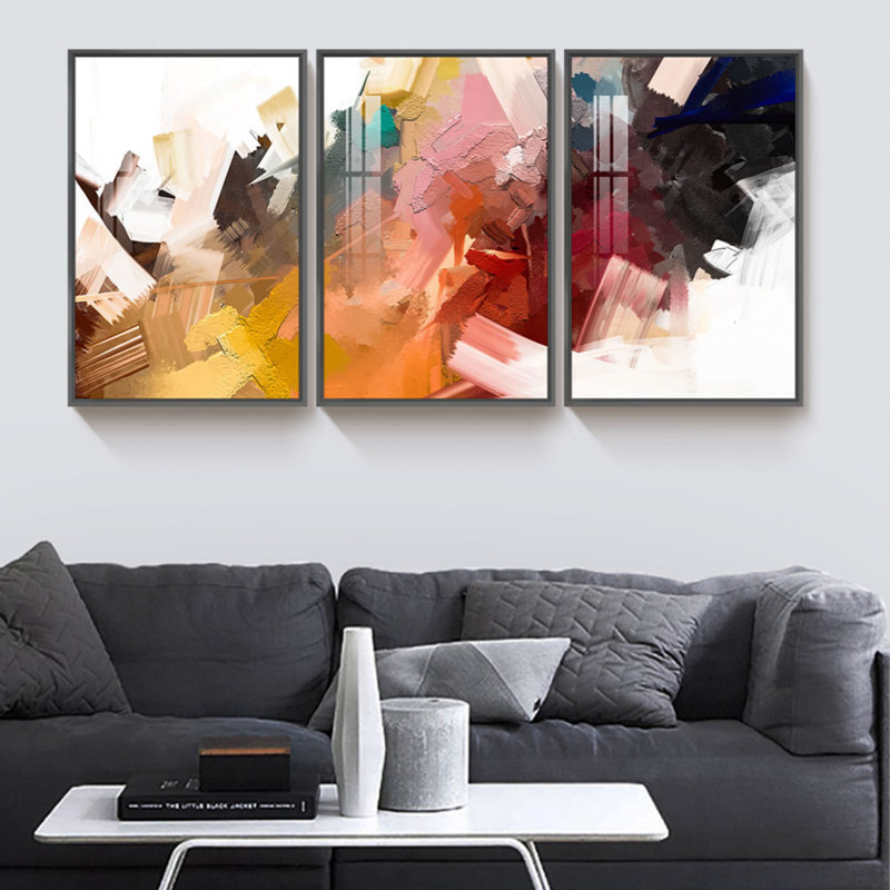 3 pièces, peinture sur toile encadrée, Cadre noir, H 17 po x l 37 po x P 4 po