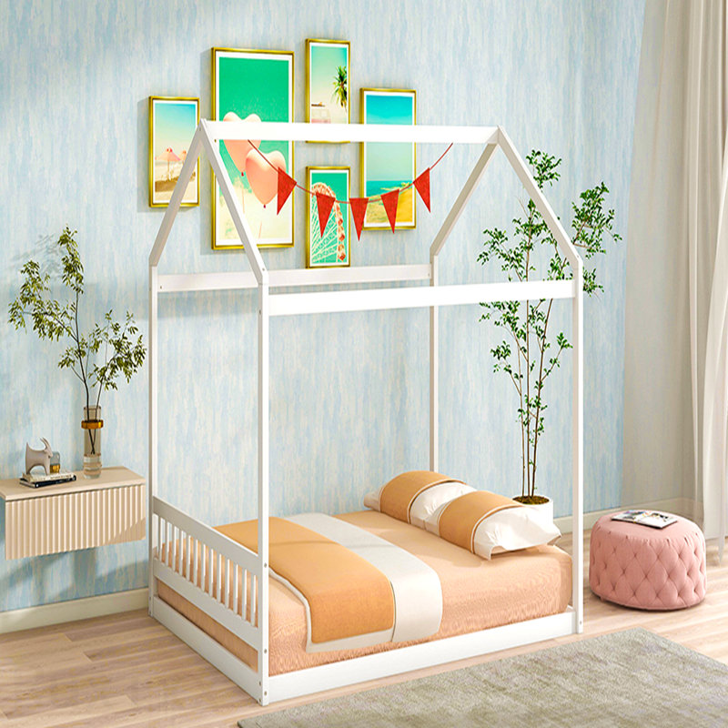 Grand lit maison en bois avec tête de lit, blanc, White