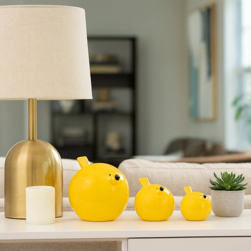 Minimalist Ceramic Bird Figurines for Home Decor - Decorative Sculptures for Office and Living Room Decorations- Set of 3, 8", 6", 4", Yellow