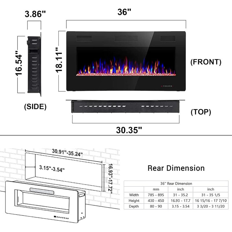 36 Inch Electric Fireplace Inserts, in-Wall Recessed and Wall Mounted 750/1500W Fireplace Heater, Touch Screen, Remote Control with Timer, Adjustable Flame Color and Speed