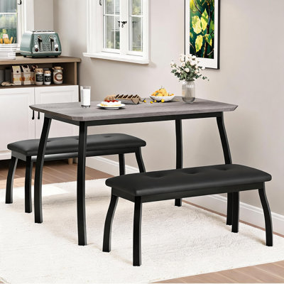 Ensemble de table et de chaises 3 pièces pour 4 personnes, gain de place – Design industriel moderne – Structure métallique robuste, plateau en bois – 2 banquettes rembourrées en similicuir. Coin repas compact idéal pour la cuisine, l'appartement ou la salle à manger. Gris.