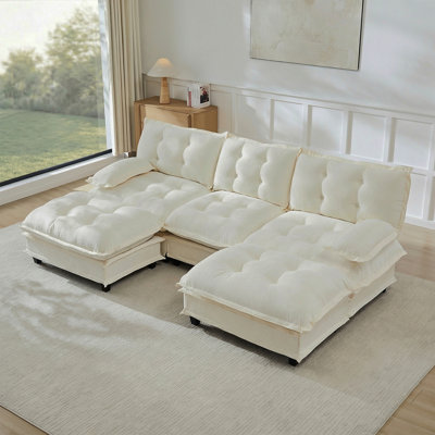 107" U Shaped Modern Sofa Modular Sectional Cloud Couch With  2 Ottomans, 3-Seat Chenille Deep Seat Sofa With Comfy Lattice Decored Seat Cushion, Bedroom And Apartment, Beige