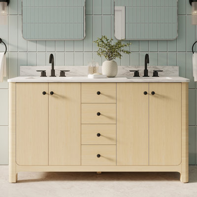 Meuble-lavabo double sur pied de 60 po avec comptoir en pierre reconstituée, lavabo en céramique, entièrement assemblé, tiroirs à fermeture amortie sous le meuble et charnières de porte à fermeture amortie.