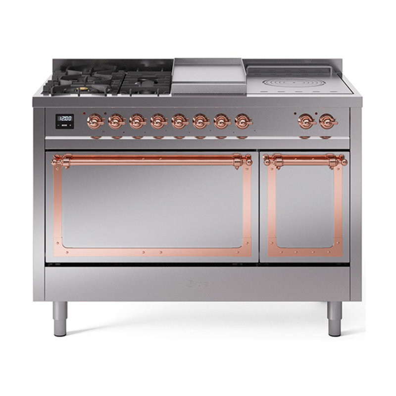 ILVE Nostalgie II Noblesse 48 in Dual Fuel Range, 5 Burner, Griddle, Frenchtop, Stainless Steel/Copper, Natural Gas