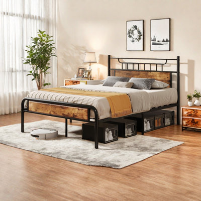 Rustic Wood Vintage Platform Bed Frame With Headboard No Box Spring Needed by 17 Stories