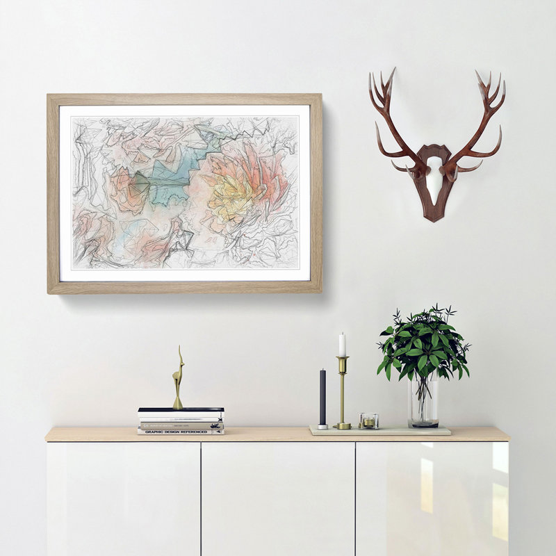Pale Pink Dahlia Flowers in Bloom in Abstract - Picture Frame Drawing Print, 62cm H x 87cm W x 2cm D, Oak Framed