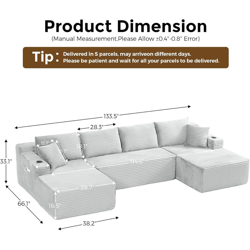 Canapé surdimensionné de 133 po en forme de nuage sans dossier avec méridienne, canapé modulaire en forme de U en velours côtelé avec siège profond 133 po, canapé confortable avec porte-gobelets et rangement, aucun assemblage requis - vert