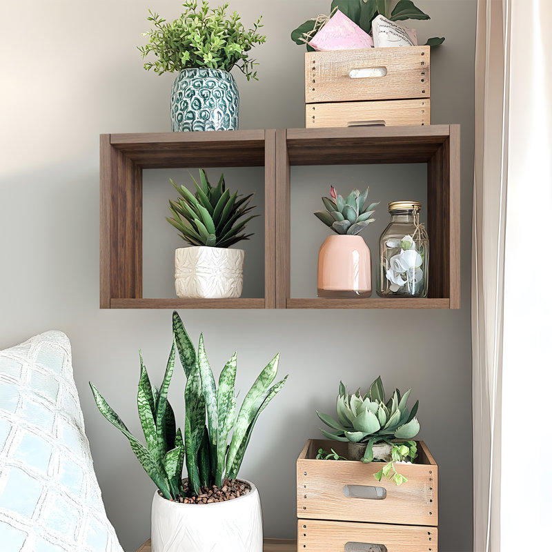 Wall Mount Cube Shelf Set Of 2, Floating Cube Shelves For Space Discovery, Square—7.9" D x 12.6" W, Dark Walnut