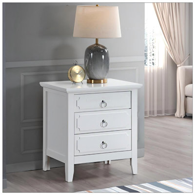 3 Drawer Nightstand In White With Polished Nickel Hardware And Dovetailed Drawers For Smooth Operation