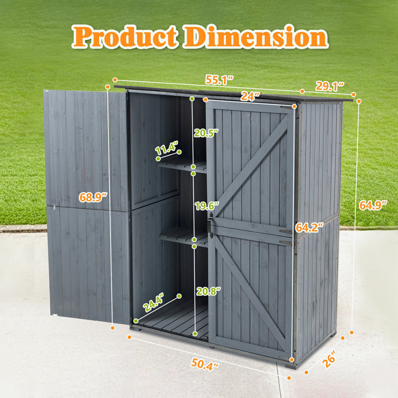 Outdoor Tool Shed with shelf and double doors, Blue/Gray, 68.9" H x 55.1" W x 29.1" D