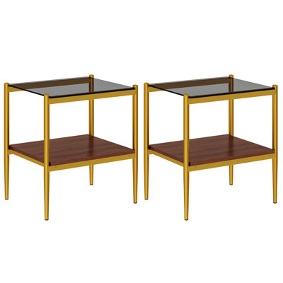 2-piece Modern End Tables Rectangle Side Table with Tempered Glass Top & MDF Storage Shelf, Living Room Accent Tables