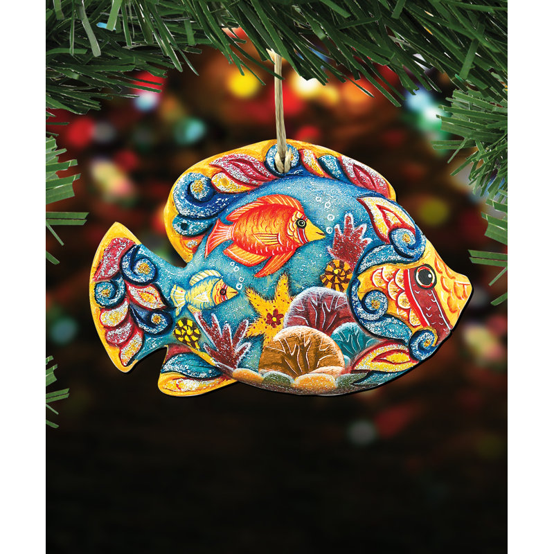 Ornement en forme de poisson tropical suspendu en bois
