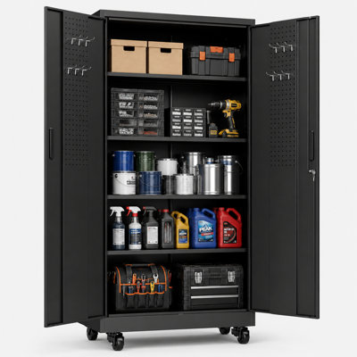 71"H 5-Tier Lockable Rolling Steel Garage Storage Cabinet with Wheels, 4 Adjustable Shelves, Double Pegboard Doors & 8 Hooks, Black