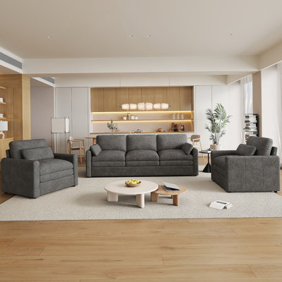 Cozy Upholstered Sofa Set With Double Cushion, Ergonomic Armrests And Detachable Pillow, Ideal For Relaxing In Living Room