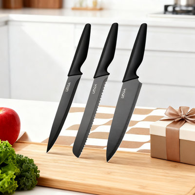 3-piece Kitchen Knife Set, Black, With Kitchen Finger Guard 