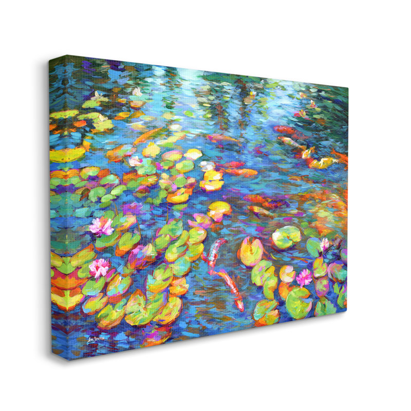 Poisson koi et nénuphars par Leon Devenice, Estampe numérique Farmhouse, H 24 po x l 30 po x P 1,5 po