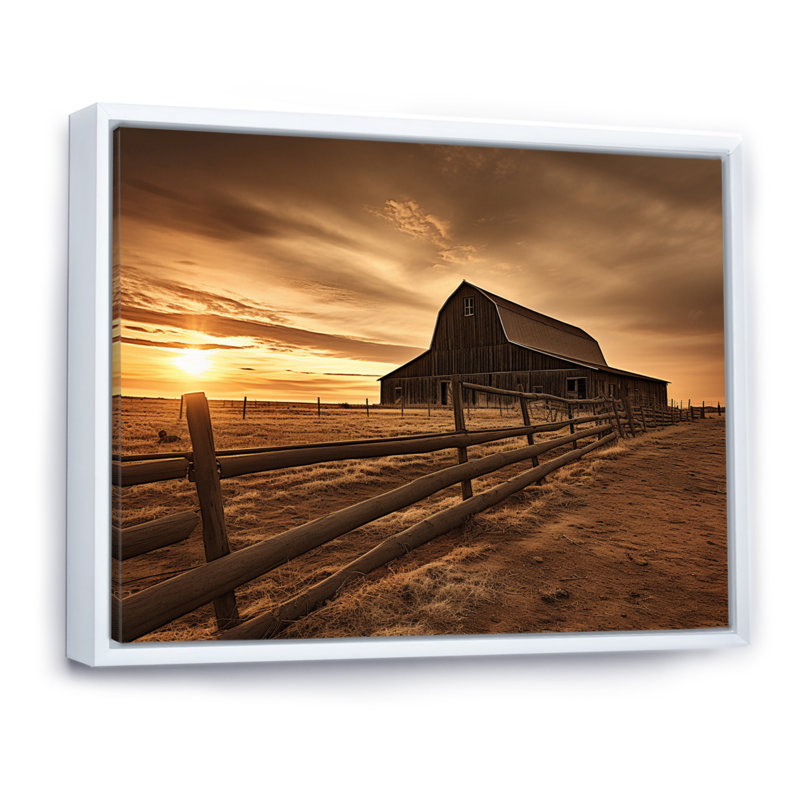 Paysage de grange au crépuscule II - impressions sur toile de ferme, H 16 po x l 32 po x P 1 po, Cadre flottant blanc