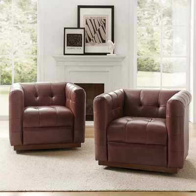 Sonika 32.5" W Genuine Leather Square Swivel Barrel Club Chair with Solid Wood Frame