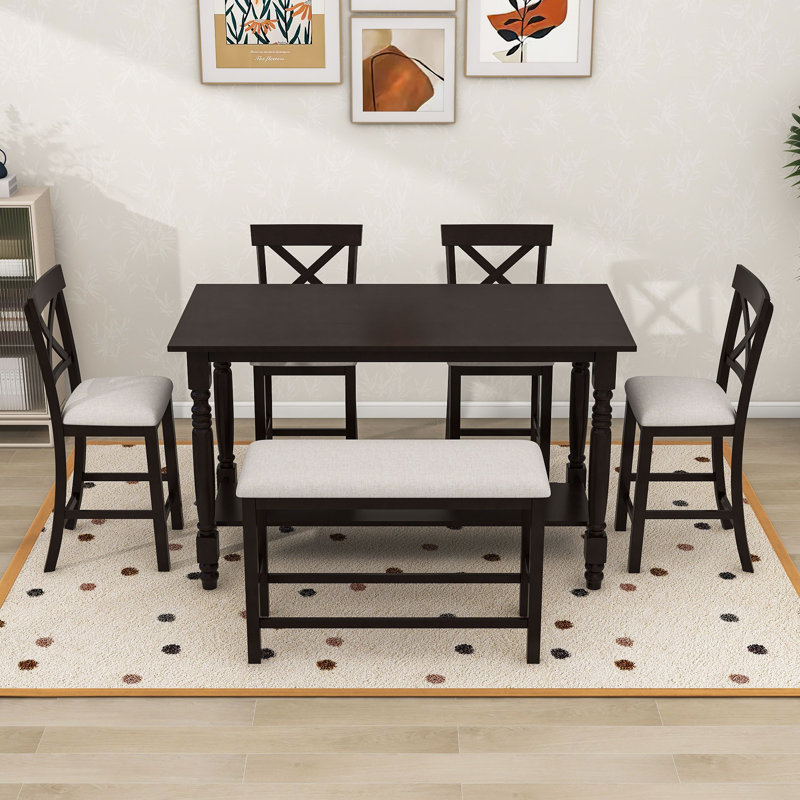 Daury 6Pcs Counter Height Dining Set with 4 Upholstered Chairs, Bench and Storage Shelf, Espresso