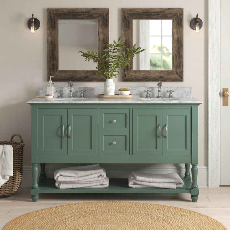 Hampton 60'' Double Bathroom Vanity with Top, White, Carrara Marble