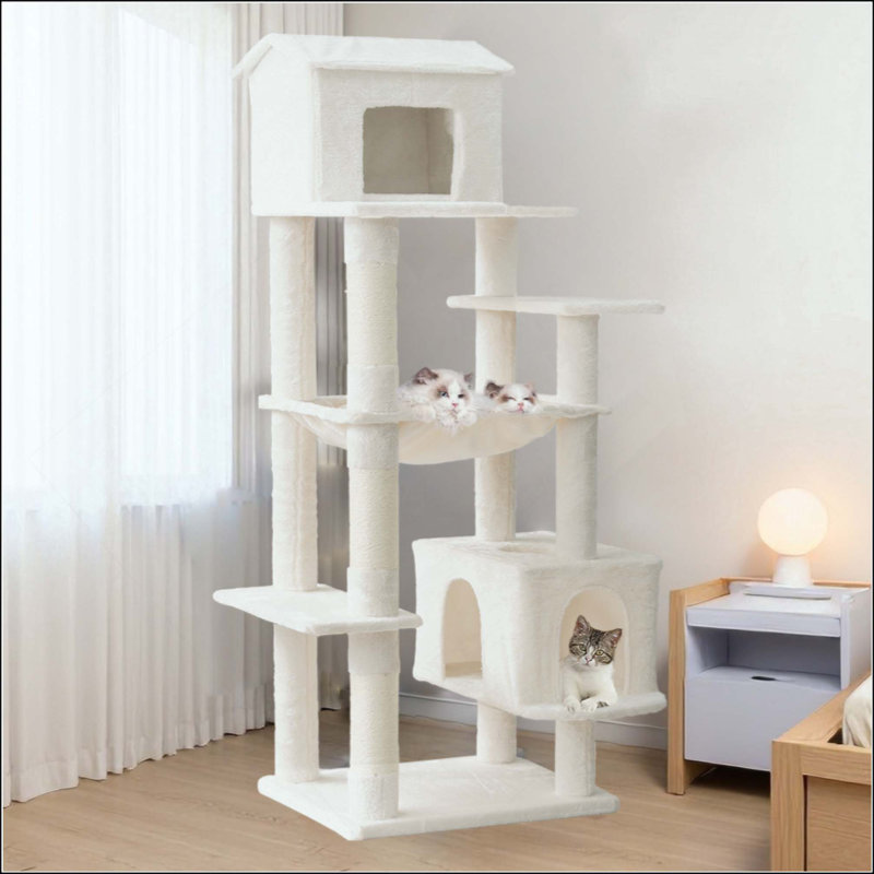 Arbre à chat multi-niveaux avec maison de chat unique, hamac, poteaux à griffer - tour de chat en peluche pour chats d'intérieur, idéal pour plusieurs chats