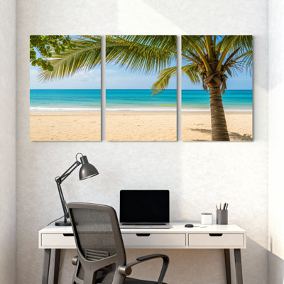 Palmiers, plage tropicale, palmier, océan, ciel, sable, soleil, horizon, ensemble de 3 impressions sur toile