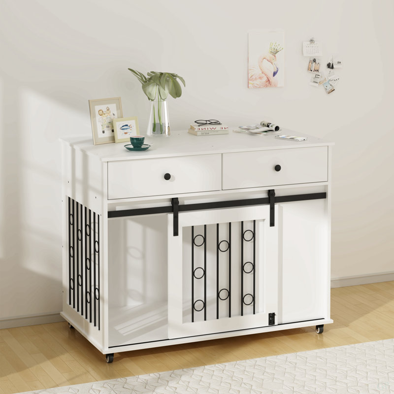 Caisse pour chien coulissante avec porte de grange et tiroirs et roues verrouillables