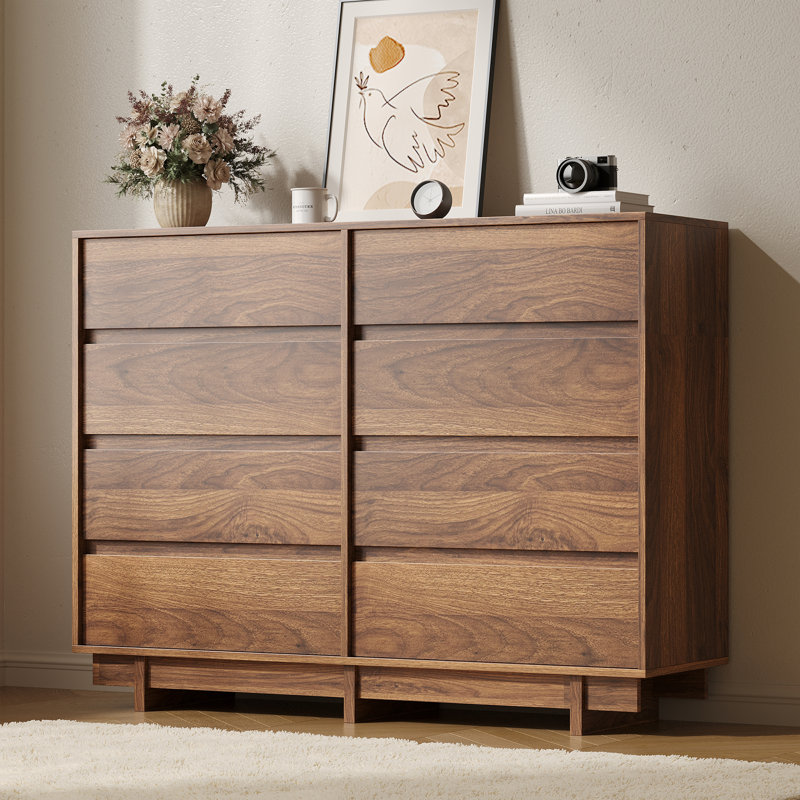 Commode moderne l 53,1 po avec 8 tiroirs, commode double avec grand espace de rangement pour chambre à coucher, salon, noyer