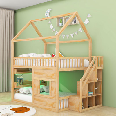 Lit superposé Wood House avec DEL et tablette et garde-corps