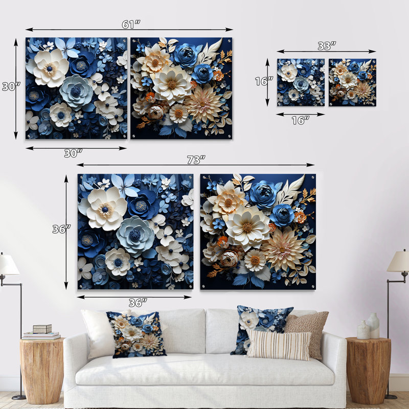 Blue And White Seasonal Flowers Collage III - Flowers Acrylic Wall Art Glass Set Of 2, 16" H x 33" W