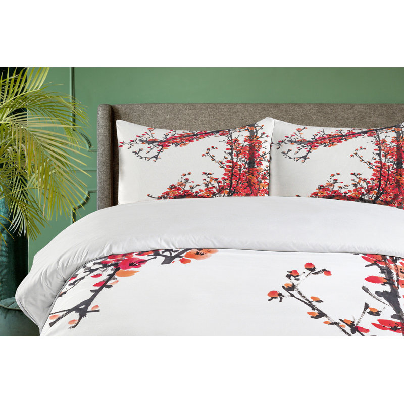 Twin Red and White Cherry Blossom Microfiber Duvet Cover Set