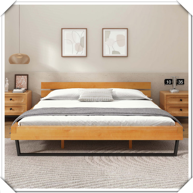 Pine Wood Bed Frame Durable Stylish Bedroom Essential Solid Structure,King, Natural/Black