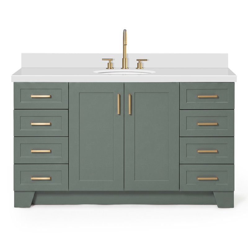 61 IN.  Single Bathroom Vanity, Oval, White Quartz, Vintage Green