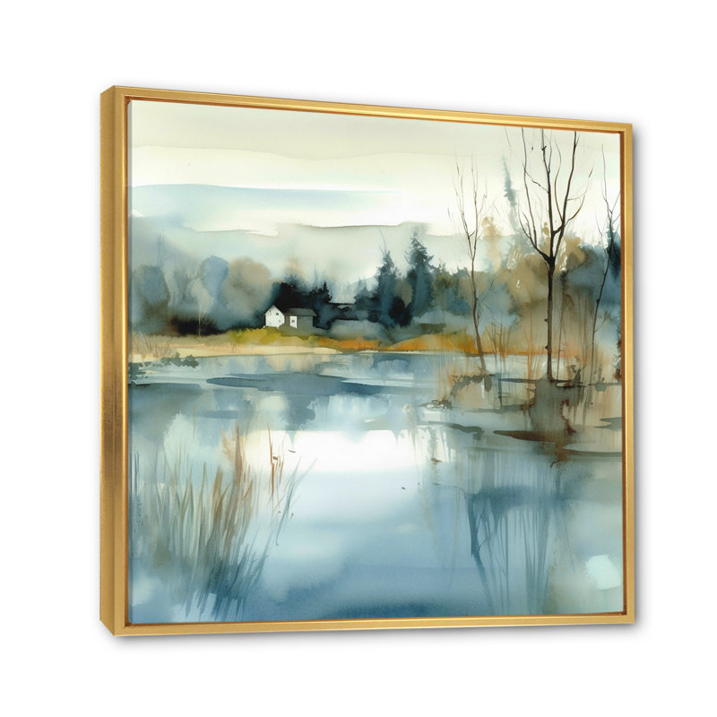 Summer Lake Landscape Illustration V - Lake, art mural, Cadre flottant doré, H 30 po x l 30 po x P 1 po