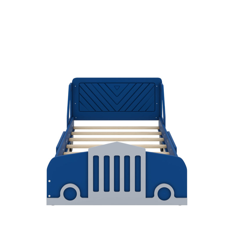 Lit plateforme en forme de voiture avec roulettes, Bleu, Lit simple