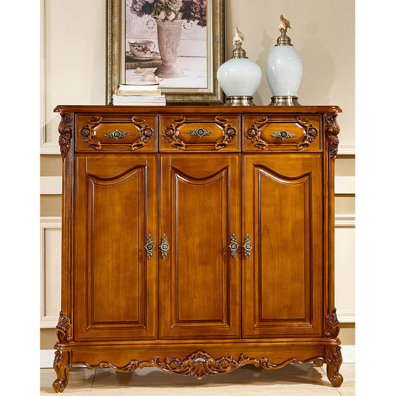 European Style Solid Wood Carved Shoe Cabinet 14 Pair Shoe Storage Cabinet