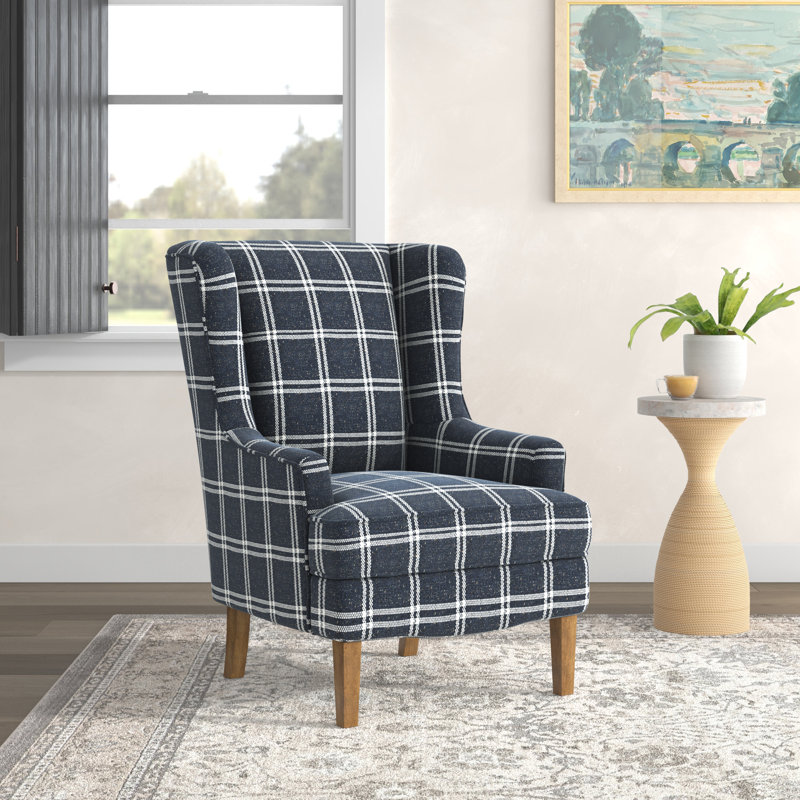 Alexys Upholstered Wingback Chair, Navy Plaid