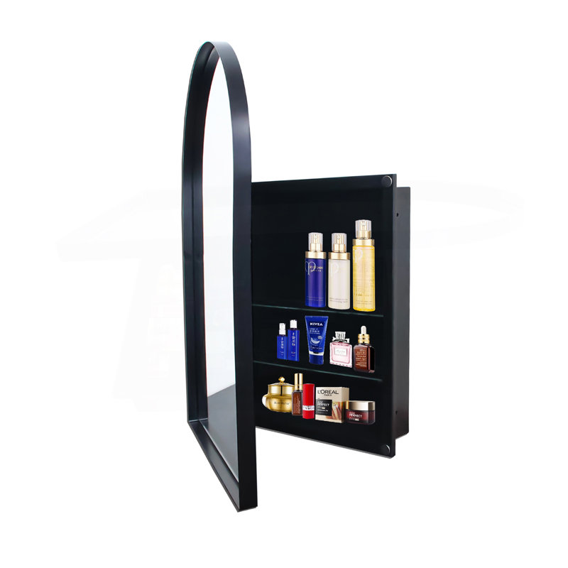 24X36 Inch Arched Recessed Medicine Cabinet, Metal Framed Bathroom Wall Cabinet With Mirror And Adjustable Shelves, Wall Mirror With Storage For Bathroom, Matte Black