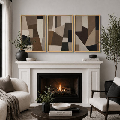 Œuvre d'art abstrait géométrique beige chaleureux, cubiste moderne de style Mid-Century pour photos de bureau, impression sur toile encadrée, 3 pièces