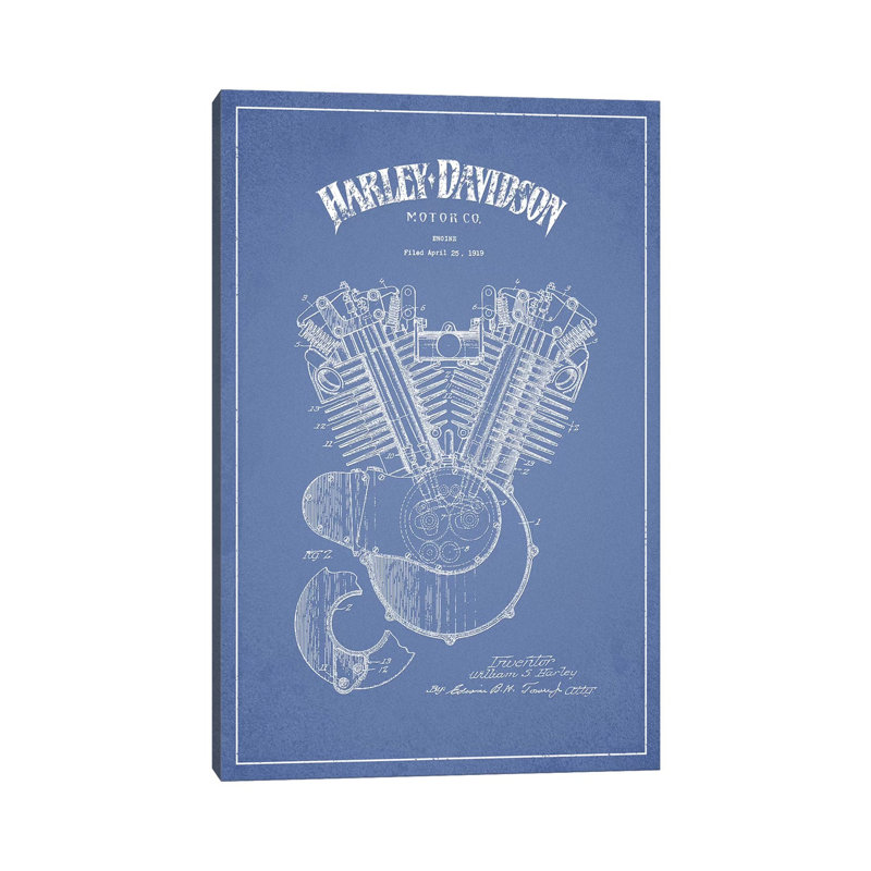 Harley-Davidson Motorcycles Engine (Light Blue) by Aged Pixel - Wrapped Canvas Print, 101.6 cm H x 66.04 cm W x 1.91 cm D