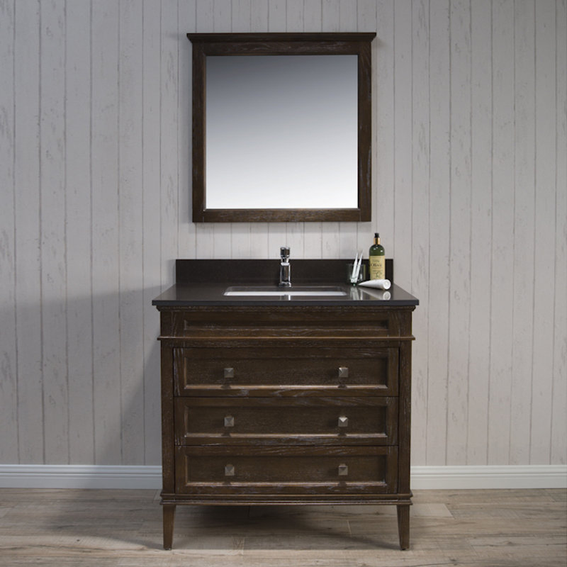 Ensemble de meuble-lavabo de salle de bain simple avec miroir 37 po Briese, Chêne noir / rouge