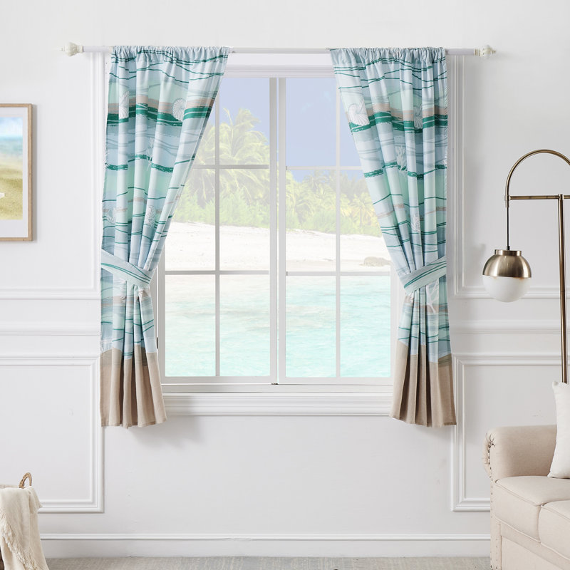 Maui Blue and Beige Cotton Linen Rod Pocket Window Panels